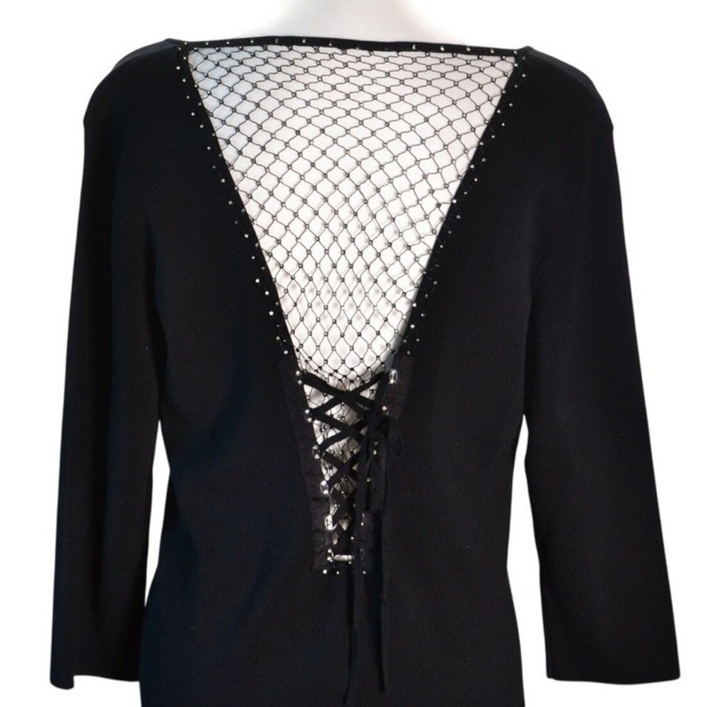 Boston Proper Silk Mesh Lace-Up Top Evening Date Night Weekend Fall Black L Goth
